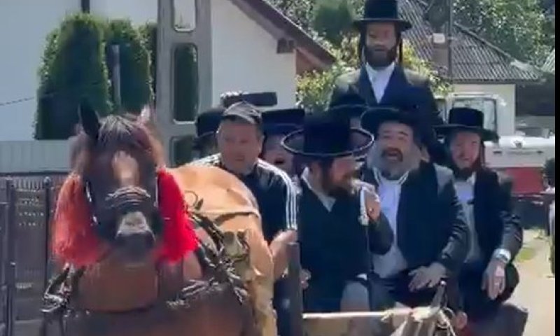 האדמו"ר, הזמר והחסידים על סוס ועגלה בדרך לציון בקרעטשניף
