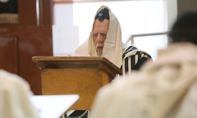הגאון רבי שלום כהן בתפילה בישיבה. צילום: אלי קובין