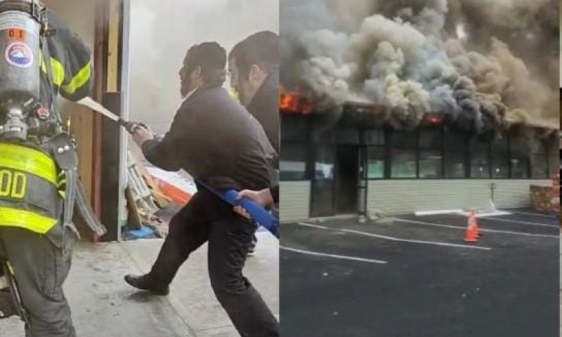 צפו: חסידים סייעו לכבאים להשתלט על האש בסופרמרקט החדש