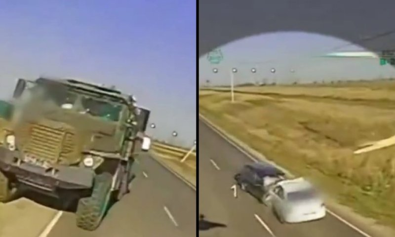 תאונת חזית במצלמות הכטב"ם: תיעד התנגשות בין כלי רכב והמשיך לתקיפת משאית צבאית