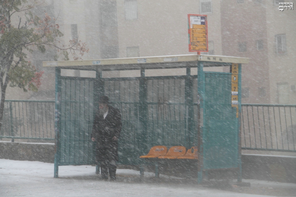 תחנת אוטובוס מושלגת; צילום אלישמע סנדמן