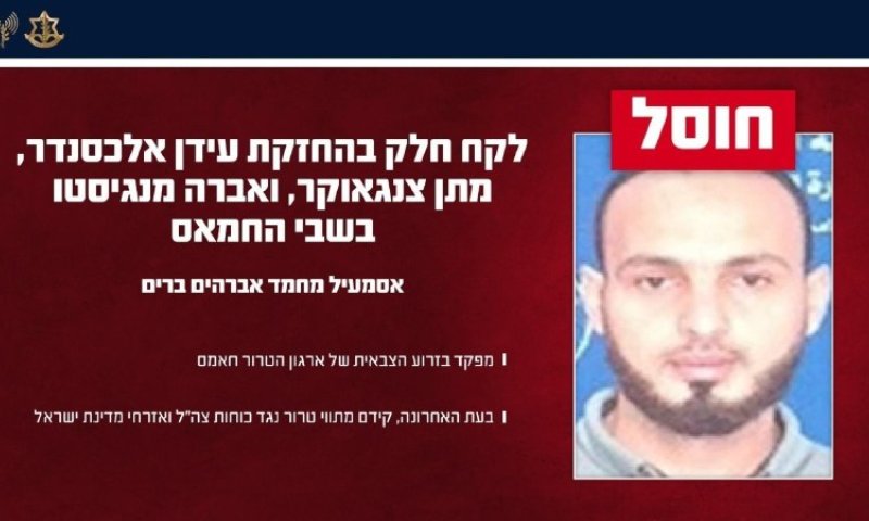 חוסל מחבל חמאס שהחזיק בשבי את עידן אלכסנדר, מתן צנגאוקר ואברה מנגיסטו