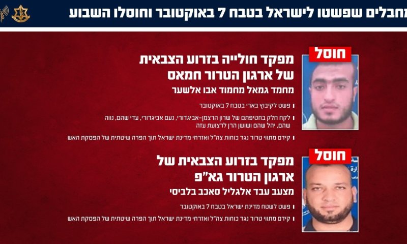 חוסלו שני מחבלים שפשטו לישראל ב-7 באוקטובר וחטפו אזרחים