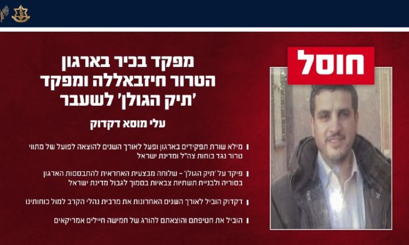צה"ל מאשר רשמית: חוסל מפקד תיק הגולן בחיזבאללה עלי מוסא דקדוק