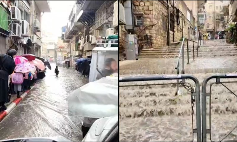 המדרגות הפכו למפל: גשמי הברכה בשכונת מאה שערים 